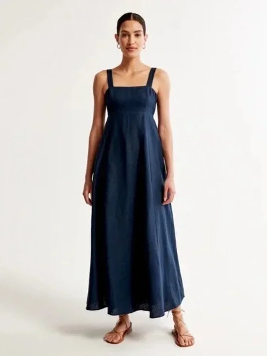 Abercrombie & Fitch Premium Linen Bow Back Maxi Dress XS PETITE - Picture 3 of 11